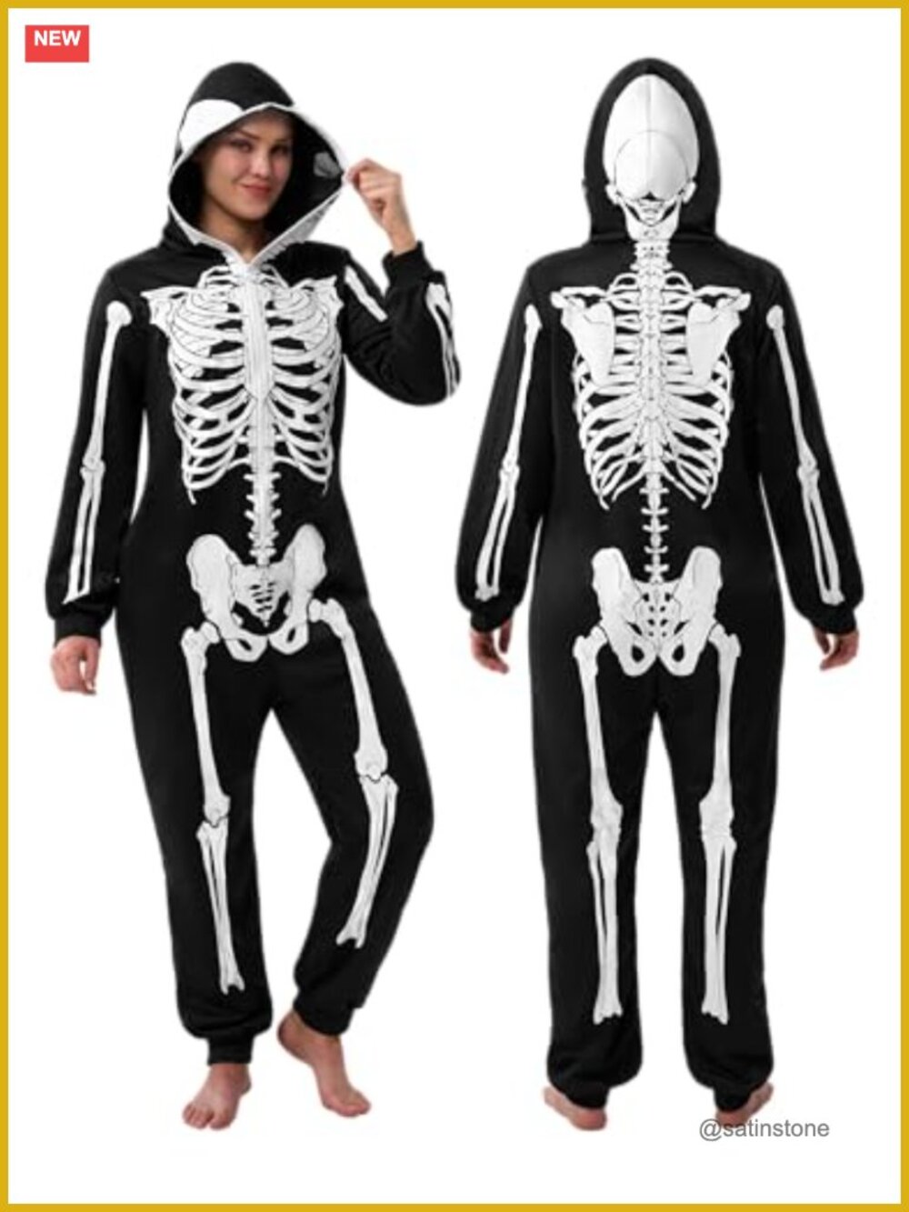 Adult Skeleton Costume Jumpsuit Over-the-Head Zipper Halloween Cosplay Party